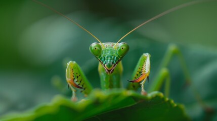 A close-up of a vibrant green mantis perched on a leaf, its striking eyes and delicate antennae in focus.