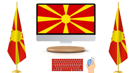 Modern Digital Representation: North Macedonia Flag Displayed on Two Stands Alongside Keyboard and Mouse - EPS Vector Illustration