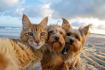best friends cat and dogs taking selfie shot at the beach
