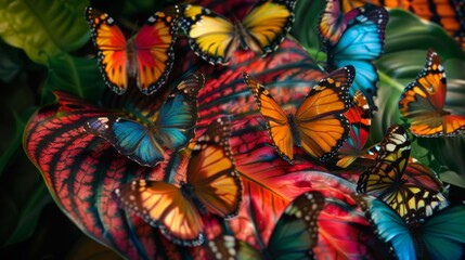 A close-up of a vibrant leaf with a colorful assortment of fluttering butterflies, creating a mesmerizing natural spectacle.