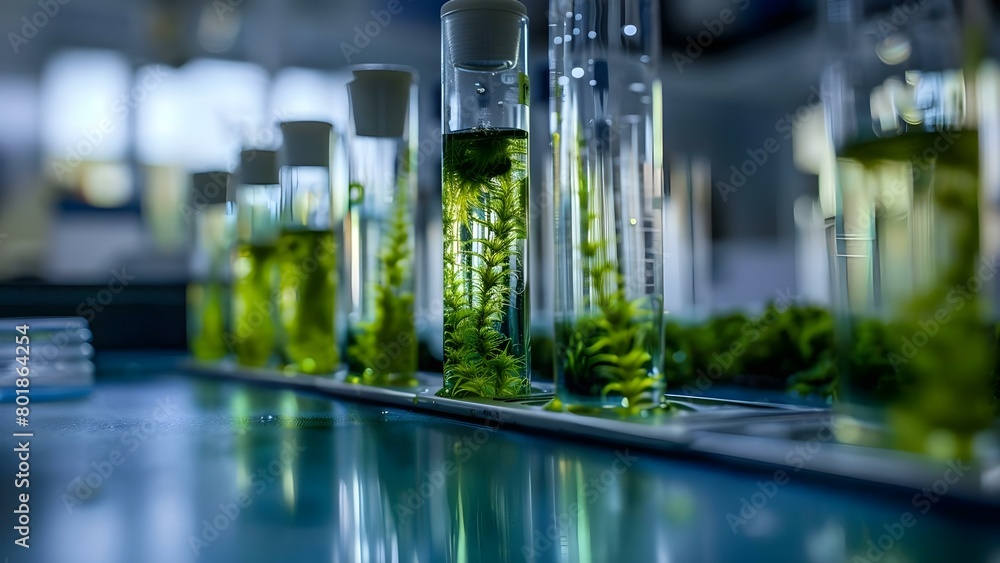 Poster examining green algae up close: a macro shot in a science lab setting. concept macro photography, sc