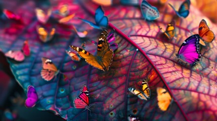 A close-up of a vibrant leaf with a colorful assortment of fluttering butterflies, creating a mesmerizing natural spectacle.