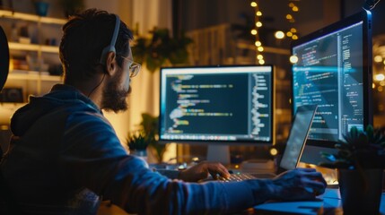 A mobile application developer, a man, is developing a new idea while sitting at a computer in the office. Program code, Innovative startup project, website, Technology concepts.