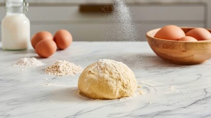 Fototapeta premium Bread dough preparation with ingredients in bright, airy kitchen setting for baking enthusiasts