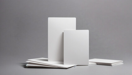 A white book is standing vertically in front of a gray background. There is a stack of white books underneath it.

