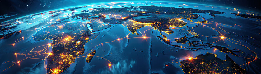 Conceptual image of an illuminated pipeline network on a global map representing the international distribution of oil and gas