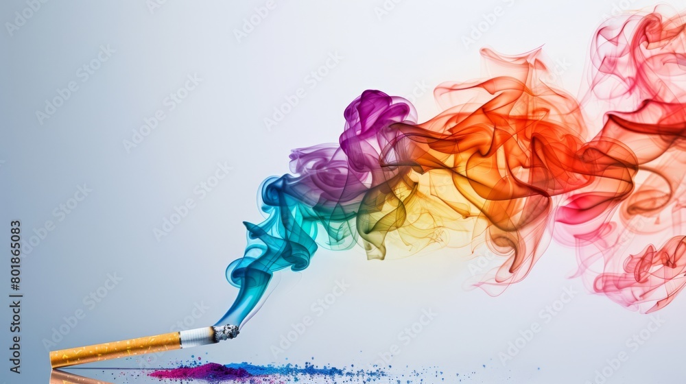 Poster a conceptual image of colorful smoke emanating from a cigarette, symbolizing the allure and danger o