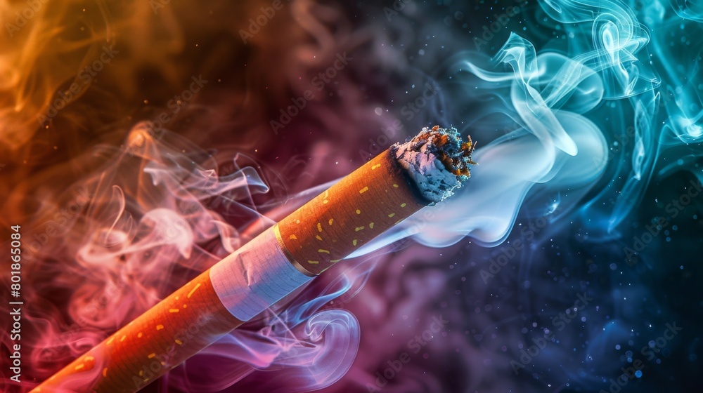 Poster a conceptual image of colorful smoke emanating from a cigarette, symbolizing the allure and danger o