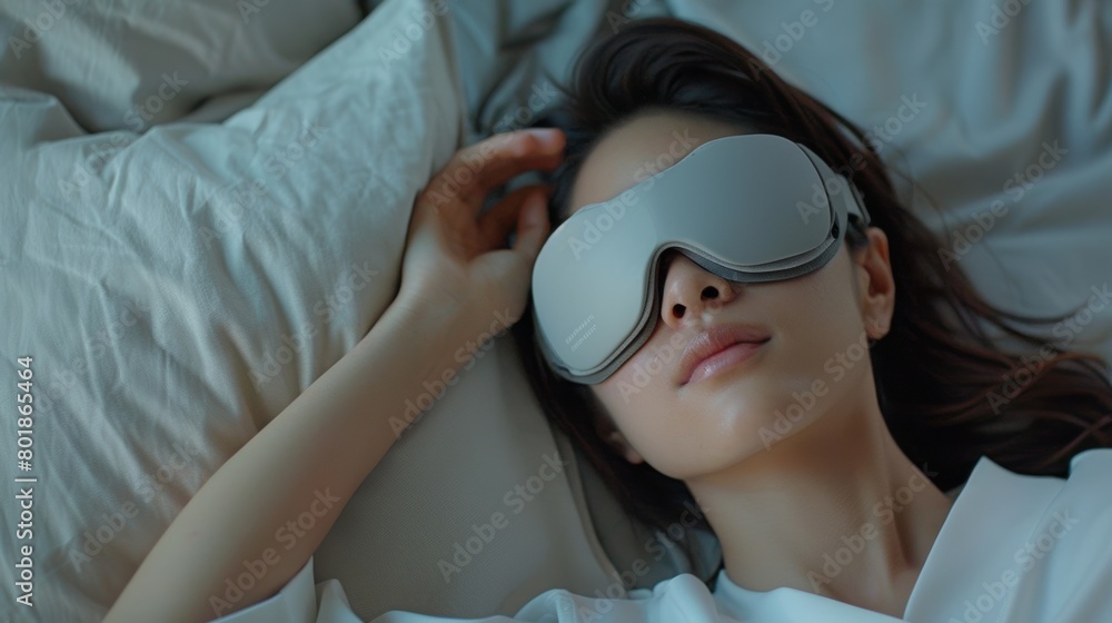 Poster a portable sleep mask that uses gentle vibrations and pressure points to reduce tension and promote 