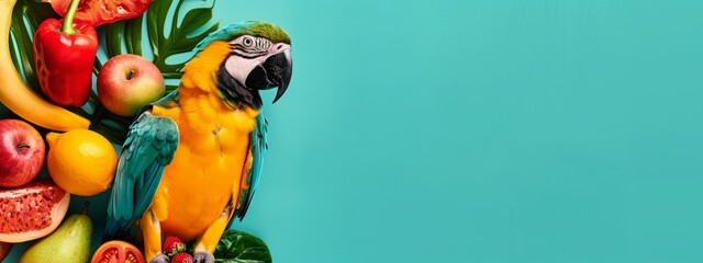Colorful Parrot with Tropical Fruits on Teal Background
