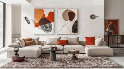 A contemporary mini-modern sitting area with a modular sofa, a shaggy rug, and abstract artwork adorning the walls.