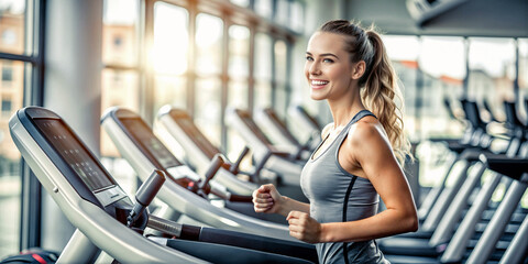 Fototapeta premium A woman with ponytail running on a treadmill in the gym