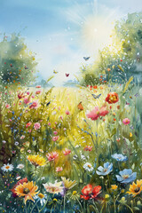 Sunlit Meadow Watercolor Painting, International Sun Day, the importance of solar energy, Sun’s contributions to life on Earth.