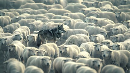 Obraz premium A wolf hiding among a flock of sheep, leading the way or waiting for the right moment to act - Concept of identity and difference, of being unique among others, or metaphor for hidden risk and danger