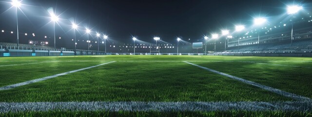 empty stadium with grass field bright and lights in the background at night time