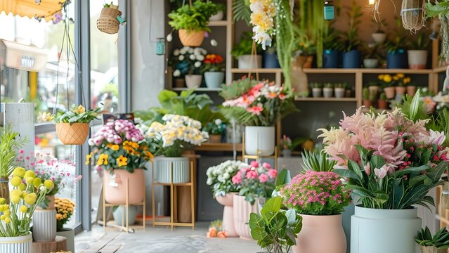 Delightful florist shop filled with fresh blooms, pastel planters, hanging plants, and greenery. Concept Florist Shop, Fresh Blooms, Pastel Planters, Hanging Plants, Greenery