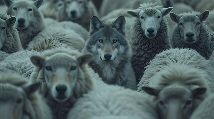 A wolf hiding among a flock of sheep, leading the way or waiting for the right moment to act - Concept of identity and difference, of being unique among others, or metaphor for hidden risk and danger