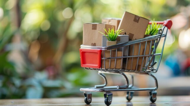 A shopping cart is filled with boxes and plants