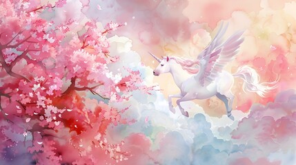 Enchanting Watercolor Painting of a Majestic Unicorn s First Airborne Adventure Amidst Soft Vibrant Clouds and Mystical Fairy Guardians