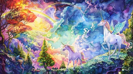 Fairy Instructing Unicorns to Conjure Rainbows in Vibrant Enchanted Landscape