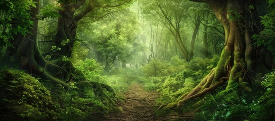 A lush green forest with trees, path, light and roots