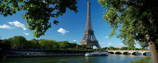 Eiffel Tower in city against blue sky, sunny day