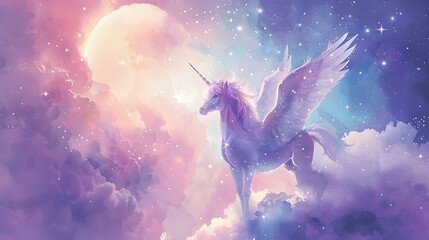 Magical Winged Unicorn and Fairy Overlooking Heavenly Panorama