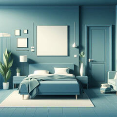 minimalistic bedroom interior in  blue colors 
