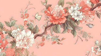 Fototapeta premium Digital vintage pen art flowers and leaf abstract graphic poster background