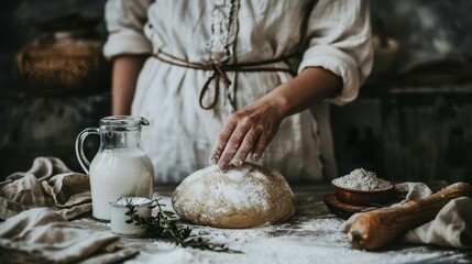 Fototapeta premium Tranquil kitchen scene kneading dough with flour and milk in minimalist setting