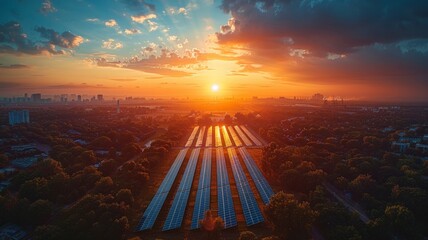 The sun is setting over a city with a large solar farm