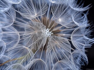 Close-up of a dandelion seed head, highlighting the delicate translucent seeds against a dark background.