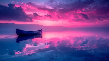 A boat floating on a still lake at sunset with vibrant pink and purple clouds.