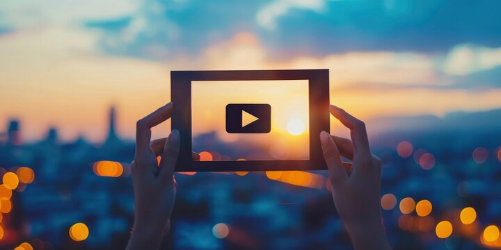 hands holding a square glass frame and video player icon on it, against a blurry city background at sunset