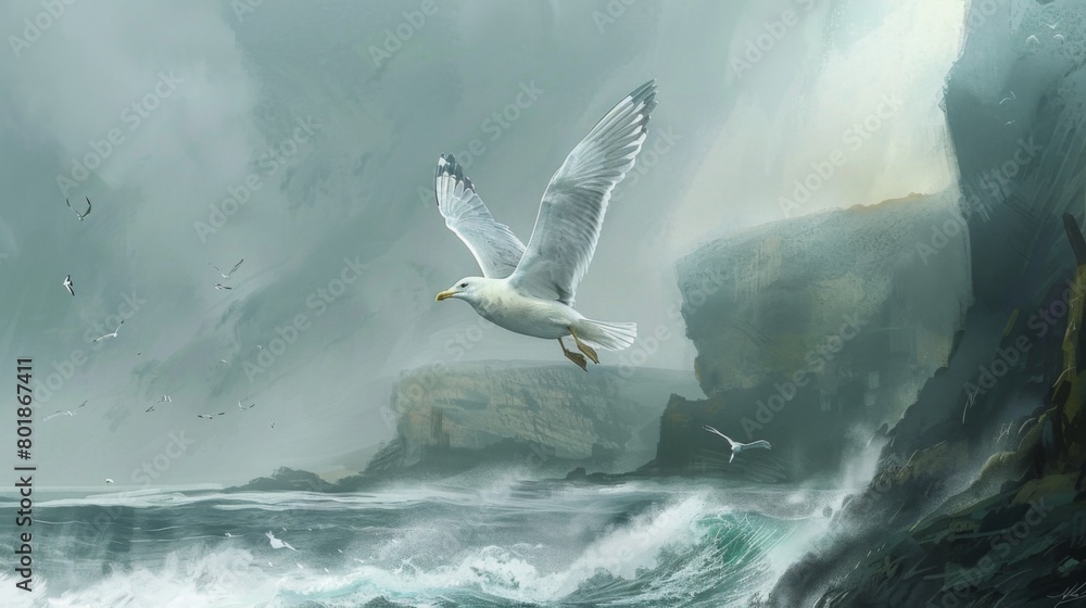 Poster a dedicated seagull swooping down to the shore to catch fish, returning triumphantly to its cliffsid