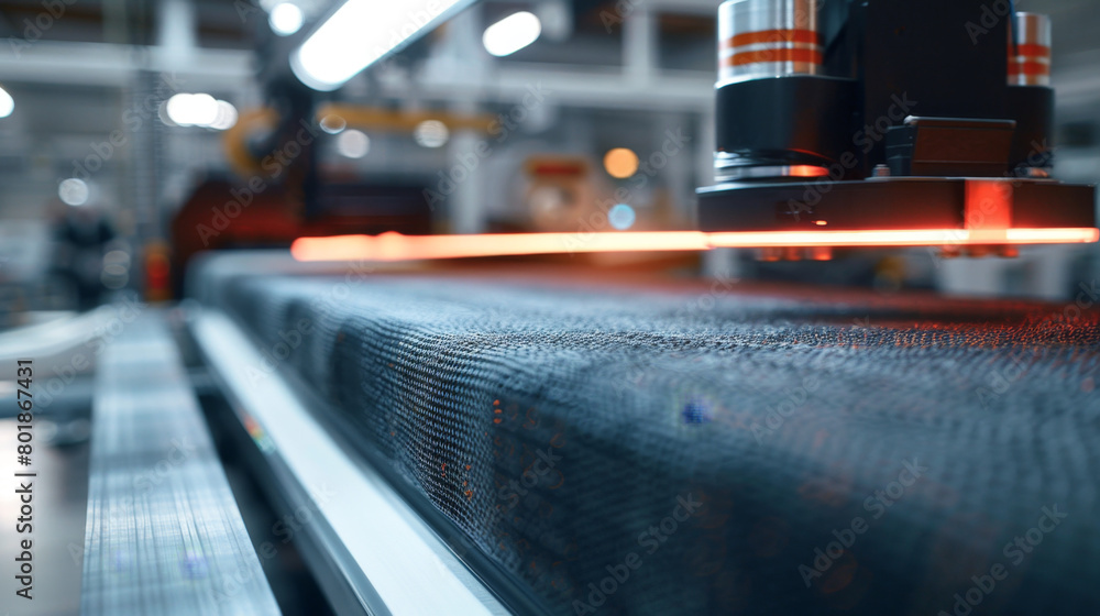 Aufkleber close-up of a high-tech textile production line in a factory, featuring automated machinery and vibr