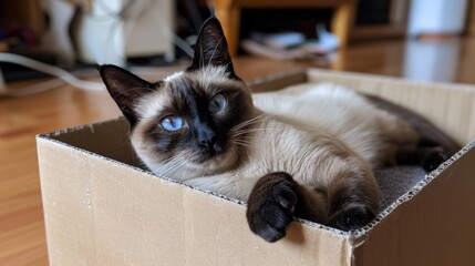 A delightfully pudgy Siamese cat stretching out comfortably inside a cardboard box, paws poking out.