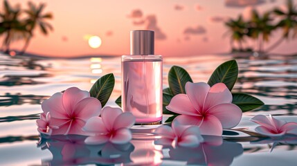 A bottle of perfume on a beach at sunset with palm trees and flowers.