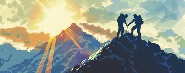 The silhouette of a man helping another person to reach the top, with a mountain peak background and sun rays shining
