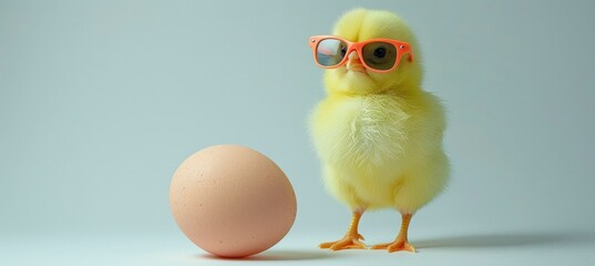 yellow chick with sunglasses on white background standing next to an egg,