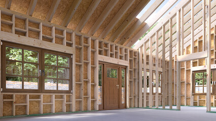 Inside assembling a frame house. 3d illustration