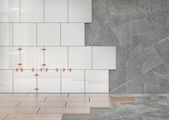Ceramic tiles on the wall and floor in the install process. 3d illustration