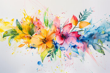 Colorful splashes on a white floral background, flower leaf. Watercolor painting