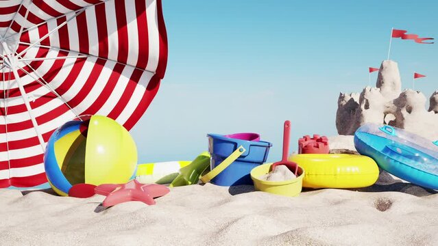 beach scene summer background . 3D animation. 4K. Summer idea concept	
