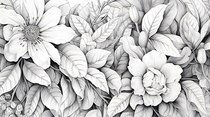 Digital vintage pen art flowers and leaf abstract graphic poster background