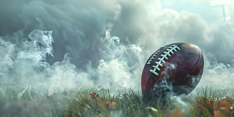American football ball on grass with smoke in background showing action in stadium