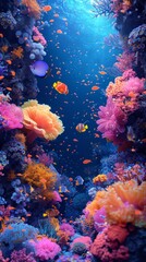 Vibrant underwater coral reef scene with colorful fish amidst marine flora. Ideal for nature and marine life designs.