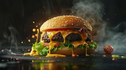 Mouth-watering cheeseburger with dripping cheese and fresh toppings, captured for a fast-food chain ad