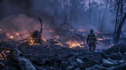 A firefighter standing amidst smoldering ruins, surveying the aftermath of a fierce forest fire.