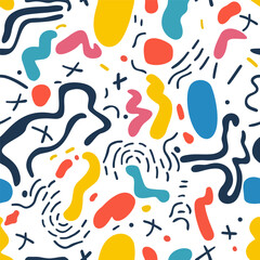 Doodle style seamless pattern. Sketch, scribble, pen funky drawing vector. Vibrant abstract art with colorful shapes and dynamic lines on a white background, for for trendy textile, fabric, wrapping